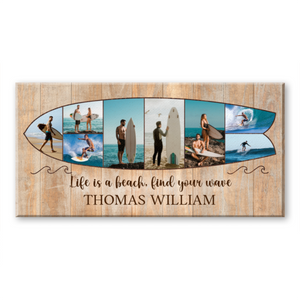 Personalized Surfboard Photo Canvas, Custom Surf Trip Pictures Collage, Surfer Gift, Summer Decor