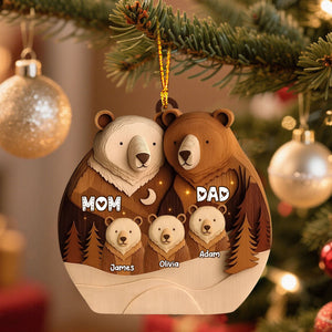 Bear Family Woodland Christmas - Personalized Wooden Ornament, Custom Name Christmas Tree Ornament, Gift for Family