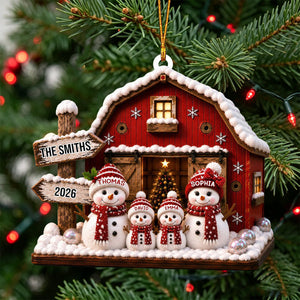 "Our Family Snowman โ Red Barn" โ Personalized Acrylic Hanging Ornament | Gift For Family