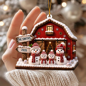 "Our Family Snowman โ Red Barn" โ Personalized Acrylic Hanging Ornament | Gift For Family