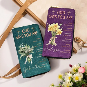 Personalized God Says You Are Birth Flower Bouquet PU Leather Long Wallet Gift for Christian