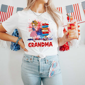 Grandma Kids Flower Fireworks- 4th Of July Independence Day - Personalized T-shirt