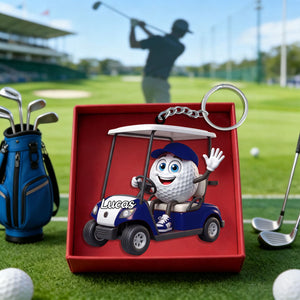 Golf Player On Golf Cart Keychain โ Personalized Gift For Golf Lovers