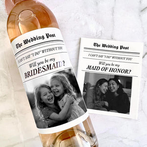 Personalized Photo Wedding Bridesmaid Proposal Wine Label: Newspaper Style Gift