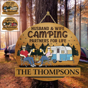 Camping Couple Husband & Wife Camping Partners For Life - Personalized Wood Sign