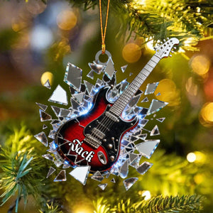 Shattered-Mirror Mini Electric Guitar Custom Name Stained Glass Effect Acrylic Christmas Ornament, Guitarist Gift