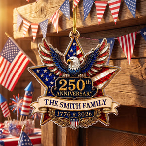 "American Pride Lives On" โ 250th Anniversary Eagle Acrylic Ornament | Personalized Family Name Holiday Gift