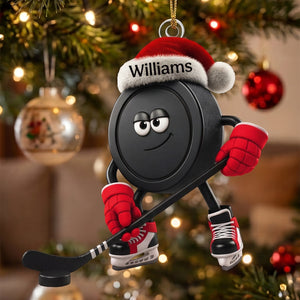 Personalized Santa Hat Hockey Puck Hanging Ornament โ Custom Christmas Ice Hockey Acrylic Gift For Fans