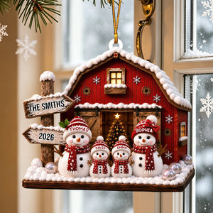 "Our Family Snowman โ Red Barn" โ Personalized Acrylic Hanging Ornament | Gift For Family
