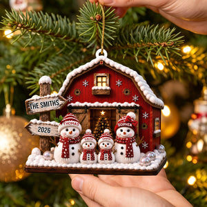 "Our Family Snowman โ Red Barn" โ Personalized Acrylic Hanging Ornament | Gift For Family