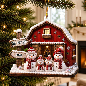 "Our Family Snowman โ Red Barn" โ Personalized Acrylic Hanging Ornament | Gift For Family