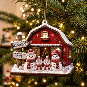 "Our Family Snowman โ Red Barn" โ Personalized Acrylic Hanging Ornament | Gift For Family