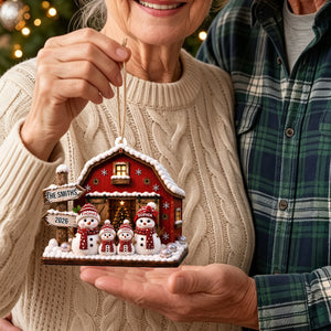 "Our Family Snowman โ Red Barn" โ Personalized Acrylic Hanging Ornament | Gift For Family
