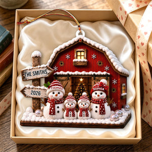 "Our Family Snowman โ Red Barn" โ Personalized Acrylic Hanging Ornament | Gift For Family