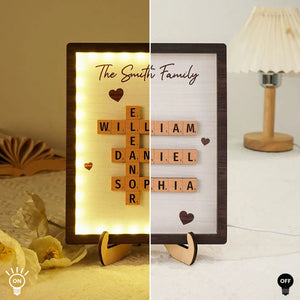 Personalized Family LED Plaque – 2-Layer Wooden Family Crossword Art – Deal Gift for Families