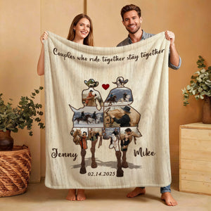 Custom Couple Cowboy Photo Collage Blanket , Personalized Couple Horse Riding Gift, Riding Partners Horse Riding Gifts