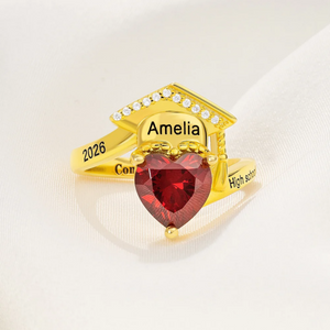 Personalized Grad Cap Heart Birthstone Ring - Graduation Gift For Graduates