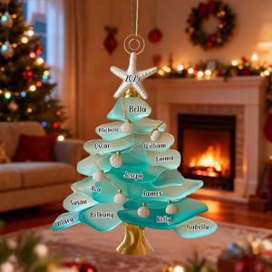 Family Sea Glass Christmas Tree - Starfish Shells Personalized Ornament Gift for Family