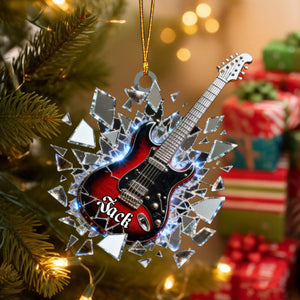 Shattered-Mirror Mini Electric Guitar Custom Name Stained Glass Effect Acrylic Christmas Ornament, Guitarist Gift