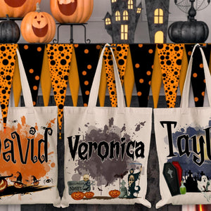 Personalized Halloween Canvas Tote Bag - Pumpkin Witch Black Cat Castle Skeleton Ghost