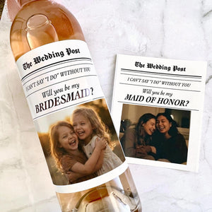 Personalized Photo Wedding Bridesmaid Proposal Wine Label: Newspaper Style Gift