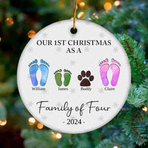 First Christmas As A Family Of Four Footprints - Personalized Ceramic Ornament