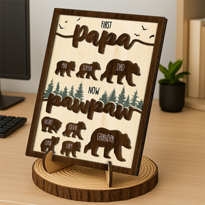 Papa Bear Family Personalized 2-Layered Wooden Plaque Gift For Dad, Grandpa