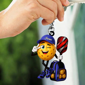 Winking Pickleball Mascot Peace Sign Keychain - Personalized Gift for Male & Female Player