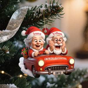 Growing Old Together With Santa Claus In Vintage Car,Custom Acrylic Ornament,Gift For Couples And Grandparents