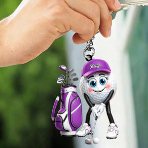 Golf Swing Pose Cartoon Golfer Personalized Golf Ball Mascot Keychain Gift for Male & Female Golfer