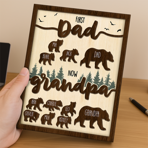 Papa Bear Family Personalized 2-Layered Wooden Plaque Gift For Dad, Grandpa