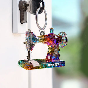 Stained Glass Effect Sewing Machine Custom Name Acrylic Keychain, Gift For A Tailor