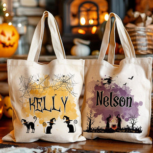Personalized Halloween Canvas Tote Bag - Pumpkin Witch Black Cat Castle Skeleton Ghost