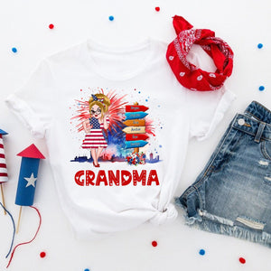 Grandma Kids Flower Fireworks- 4th Of July Independence Day - Personalized T-shirt