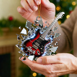 Shattered-Mirror Mini Electric Guitar Custom Name Stained Glass Effect Acrylic Christmas Ornament, Guitarist Gift