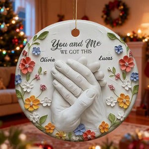 Clasped Hands And Flowers, Personalized Ceramic Ornament, Gift For Couples And Partners