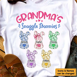 Grandmas Snuggle Bunnies Ribbon Easter Day - Personalized Pure Cotton T-Shirt