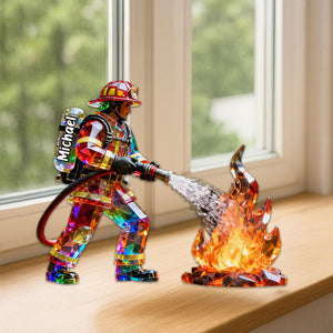 Firefighter Figurine Stained Glass Crystal Effect Personalized Acrylic Plaque, Firefighter Gift
