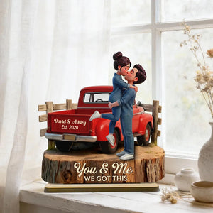 Personalized Wooden Plaque with Kissing Couple in Red Pickup Truck, Farmhouse Decor, Unique Gift for Couples