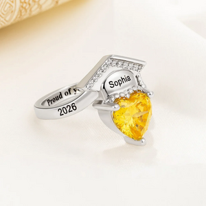 Personalized Grad Cap Heart Birthstone Ring - Graduation Gift For Graduates