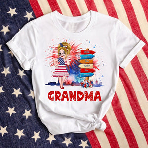 Grandma Kids Flower Fireworks- 4th Of July Independence Day - Personalized T-shirt