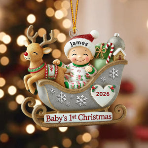 Baby’s 1st Christmas Personalized Acrylic Ornament – Adorable Reindeer Sleigh Design, Perfect Gift for Newborn Celebration