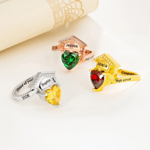 Personalized Grad Cap Heart Birthstone Ring - Graduation Gift For Graduates