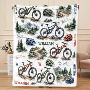 Personalized Mountain Bike Blanket, Custom Name MTB Blanket for Kids Boy Men