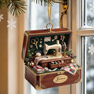 Personalized Jewelry Box Containing a Tiny Nostalgic Sewing Studio Ornament,Christmas Gift Ideas for Sewing Enthusiasts