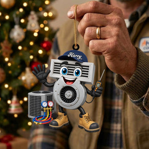 Friendly HVAC Air Vent Blower Mascot Waving Hand Ornament โ Personalized Heating & Cooling Tech Gift