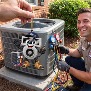 Friendly HVAC Air Vent Blower Mascot Waving Hand Ornament โ Personalized Heating & Cooling Tech Gift