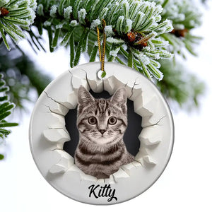 Custom Photo Snow Hole Funny Dog Cat Pet - Personalized Circle Ceramic Ornament