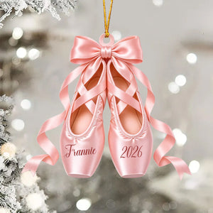 Personalized Ballet Pointe Shoes Christmas Ornament 2026 – Custom Name, Bow & Ribbon Acrylic Keepsake | Ballerina Recital Gift