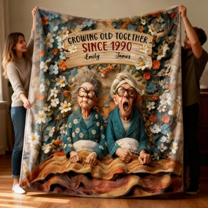 Growing Old Together, Elderly Couple And Flowers, Personalized Blanket, Gift For Couples And Grandparents